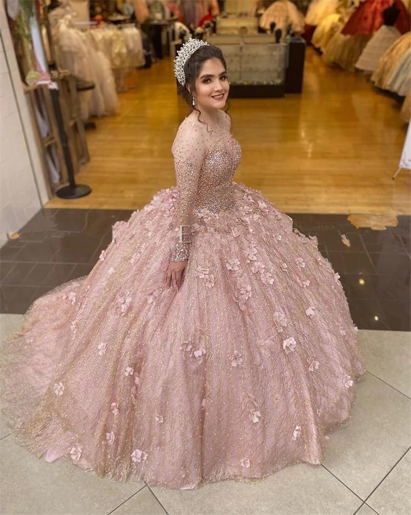

2022 Blush Pink Sparkly Sequined Ball Gown Quinceanera Dresses Bridal Gowns Illusion Lace up corset Long Sleeves Sweet 16 Dress With Flowers vestidos de xv años anos, Gold