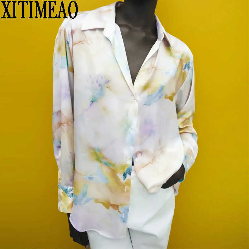 

ZA Women Spring Autumn Retro Tie Dye Printing Simple Style Loose Long Sleeve Shirt Casual Chic Tops XITIMEAO 210602, As picture