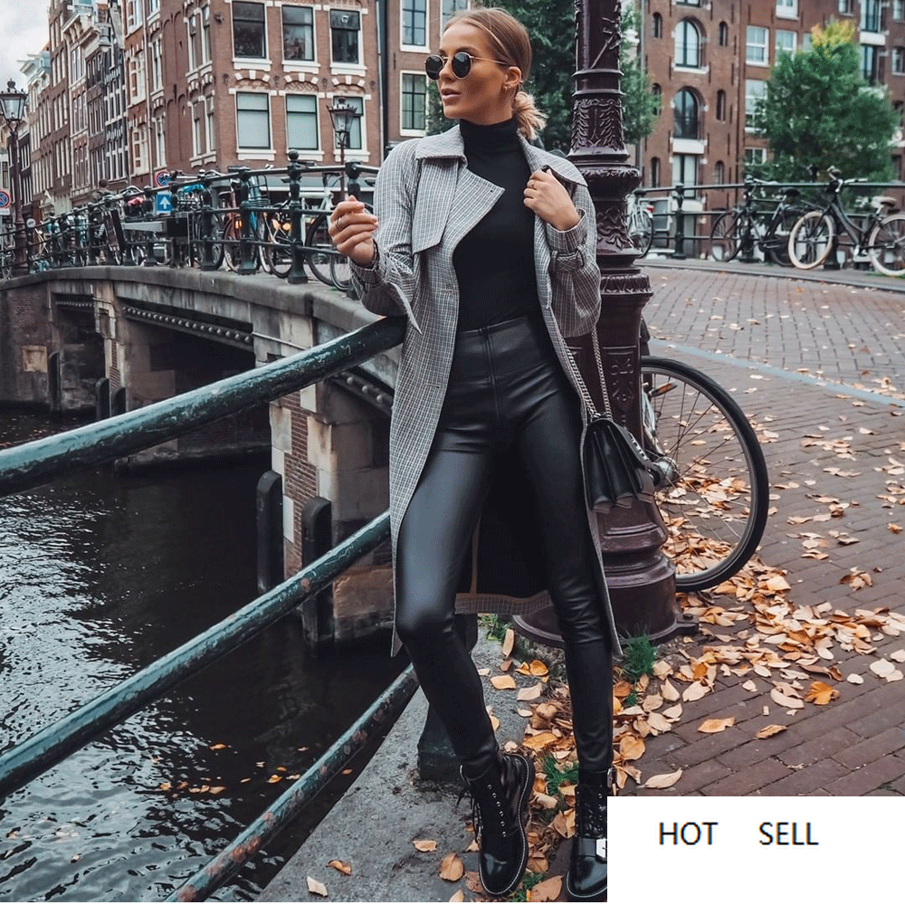 

High Waist Leather Pants Zipper Yoga For Women Leather Leggings, Black