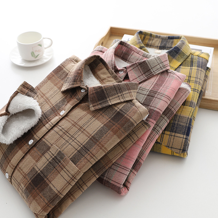 

2021 New Thick Veet Plaid Shirts Womens Keep Warm Checked Blouses and Tops Cotton Long Sleeve Female Clothes Outwear Winter News Fmoz, 29