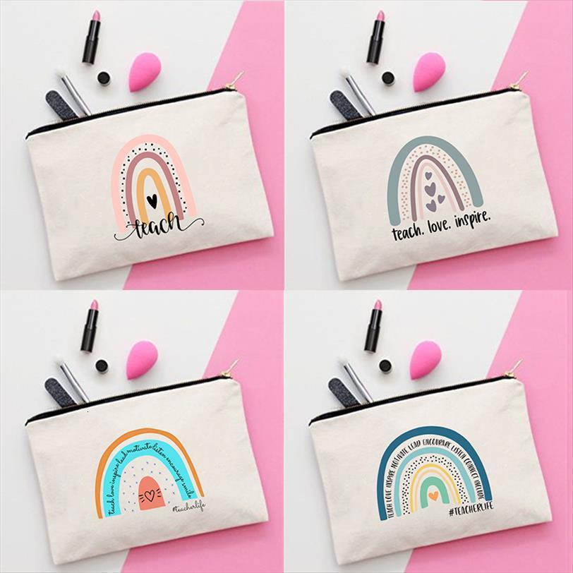 

teach love rainbow print men cosmetic bags women makeup canvas organizer toiletry storage travel wash pouch teacher gifts