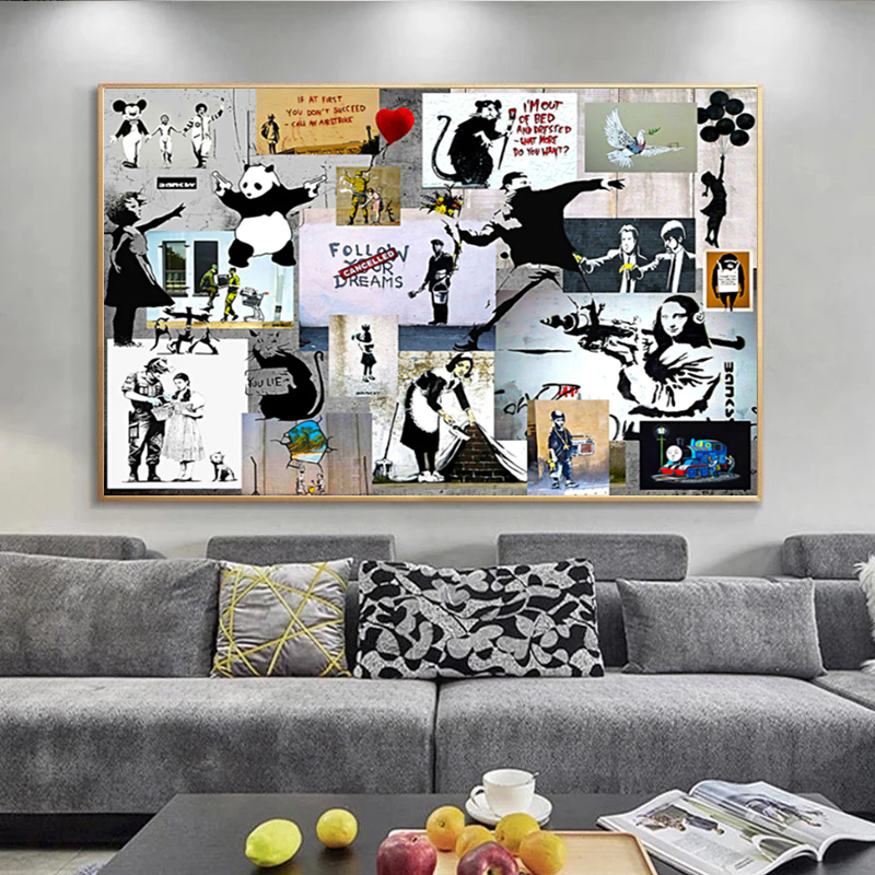 

Banksy Graffiti Collage Art Pop Canvas Painting Posters and Prints Cuadros Wall Art for Living Room Home Decor