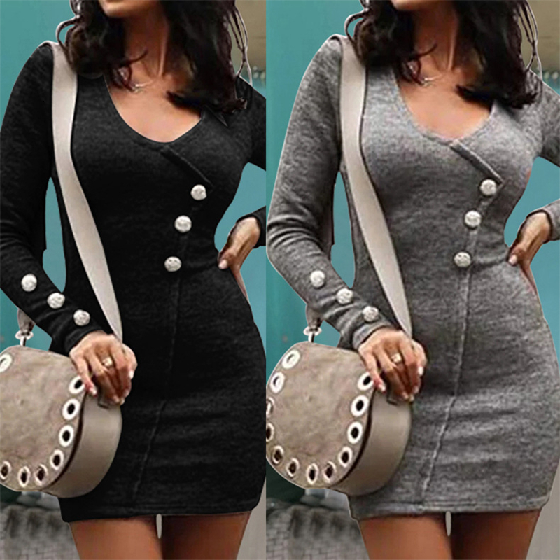 

2021 New Elegant Deep V-neck Sexy Party Vestidos Womens Long Sleeve Slim Mini Casual Elasticity Solid Button Bodycon Es Z104, Black
