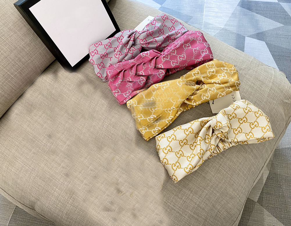 

4 colors sweatband G letter Designer Cross Headband For Women Fashion Elastic Chain Printed Chiffon Hair Bands Girl Turban Head Wraps Gifts, Yellow;black
