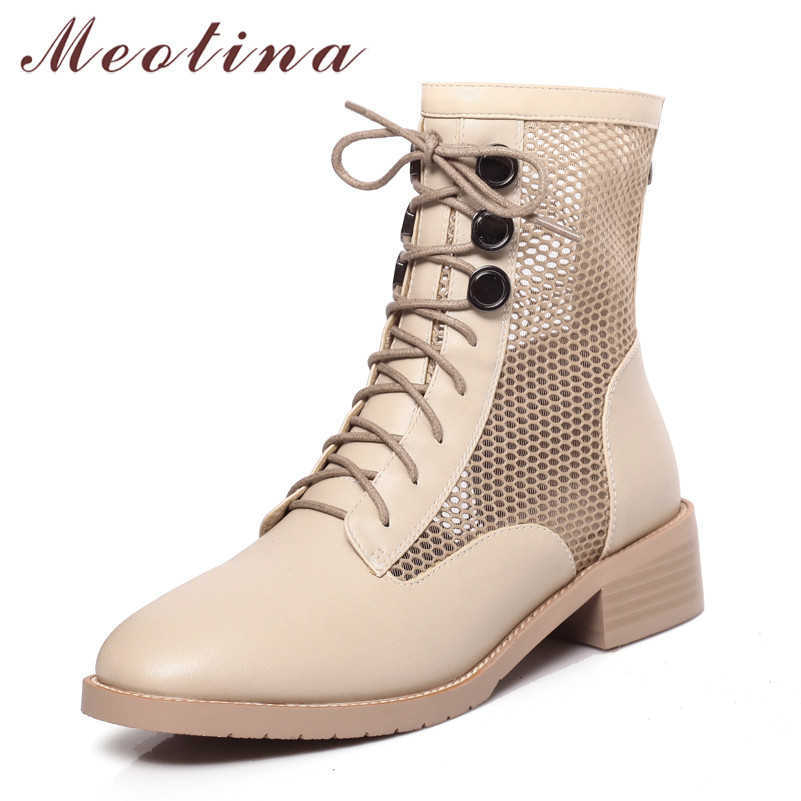 

Meotina Ankle Boots Women Shoes Round Toe Block Heels Button Mid Heel Cutouts Short Boots Lace Up Zip Lady Boots Black Size 43 210608