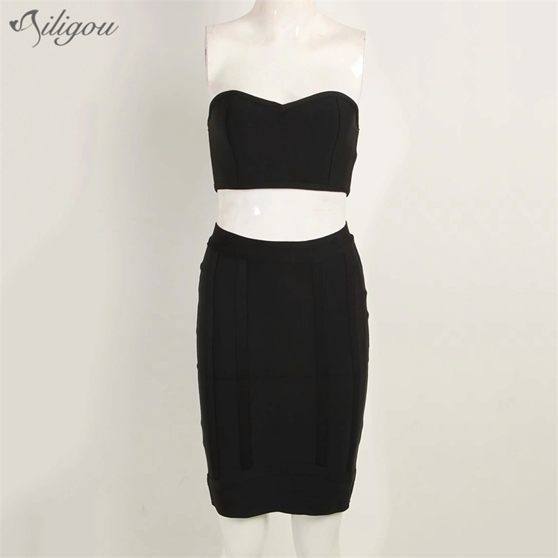 

Summer Ladies 2 Two-Piece Bandage Suit Skirt Celebrity Party Sexy Bodycon Strapless Knee Vestidos 210525, Black