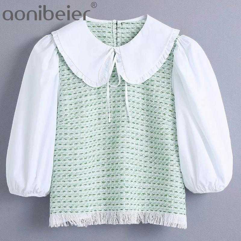 

Textured Patchwork Summer Fashion Puff Sleeve Women Casual Blouses Tassels Hem Loose Female Tops Fake Two Pieces 210604, Skirts