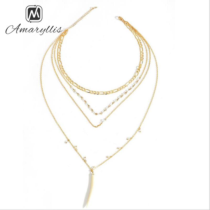 

Pendant Necklaces Amaiyllis Exquisite Multilayer Chain Choker Necklace For Women Handmade Statement Beads Long Stone Bar Collar