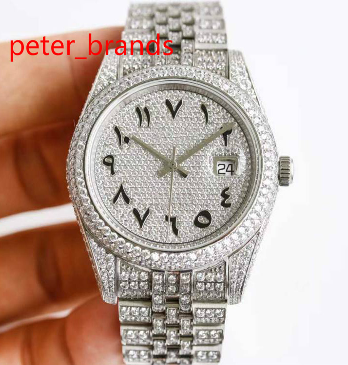 

High quaity shiny diamonds watches silver case 41mm Arabic numbers automatic men smooth hands wristwatch stainless steel material bling stones