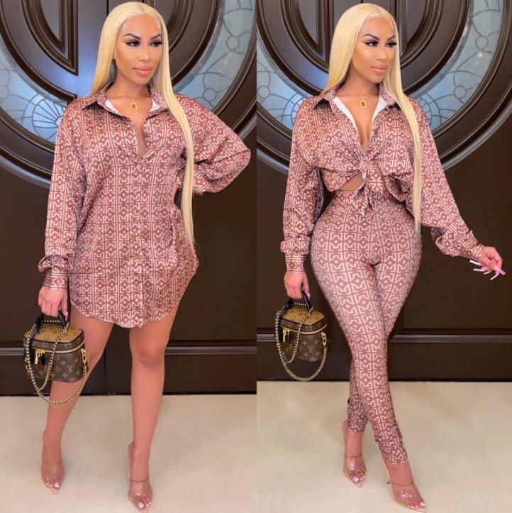 

K7077 European and American Women's Two Piece Pants 2021 casual plong-sleeved shirt printing suit, Brown