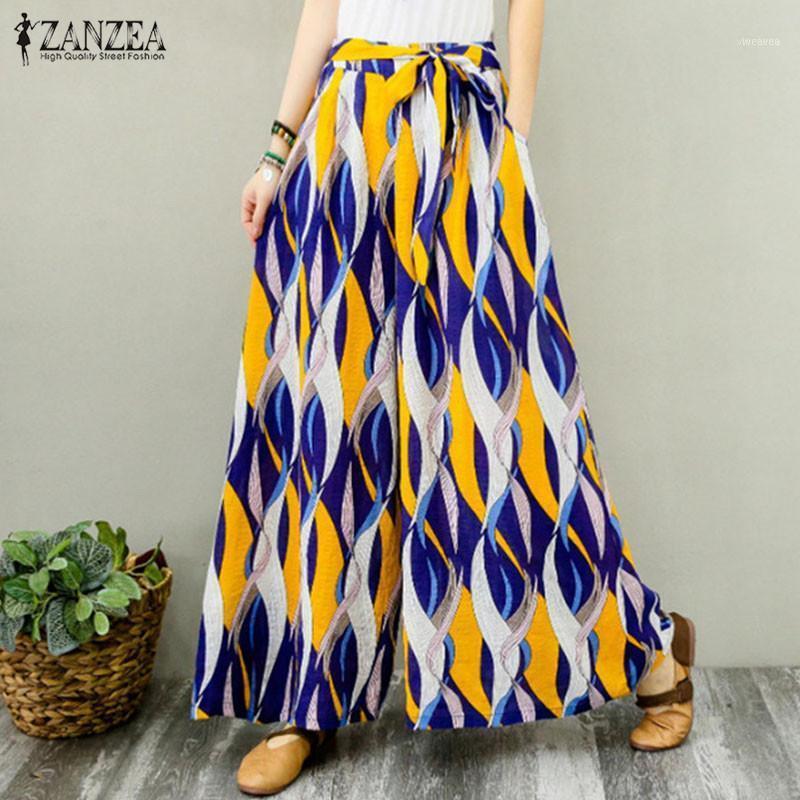 

Women's Pants & Capris 2021 ZANZEA Summer Bohemian Wide Leg Women Floral Printed Flare Trousers Elastic Waist Lace Up Casual Beach Pantalon1, Black;white