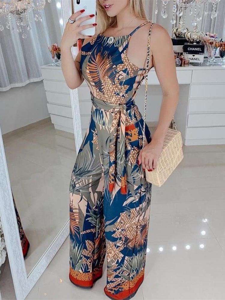 

Women' Jumpsuits & Rompers Women Elegant Summer Sexy V-Neck Casual Romper Female Wide Leg Overalls Print Spaghetti Strap Jumpsuit, As pic