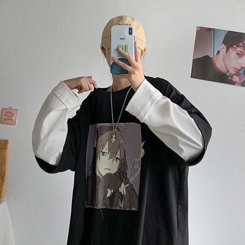 

2021 New Preto Retalhos Tshirts Japo Harajuku Hip Hop T-shirts Homens Mulheres Outono Casal Manga Longa Topos Solto Dos Desenhos Animados t