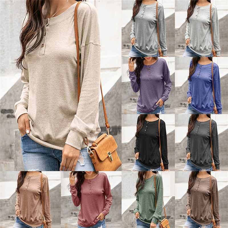 

2021 New Primavera Outono T-shirts Slidas Tops Casual O-pescoo Boto Design Solto Mulheres Camisetas Pulver De Manga Longa 11 Cores 4 Tamanho, Dark grey