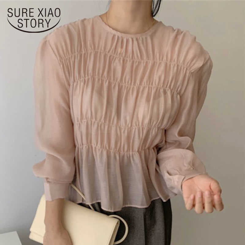 

Korean Ins O-Neck Puff Long Sleeve Blouse Solid Pleated Design Perspective Summer Autumn Shirt Blusa Fashion Clothing 11357 210527, Pink