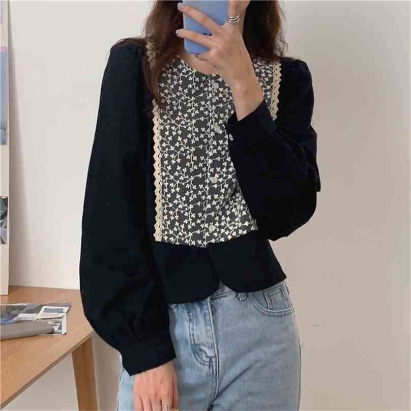 

Gentle Women Shirts Embroidery Patchwork Casual High Waist Chic Full Sleeve Loose Streetwear Sweet Tops 210525, Black