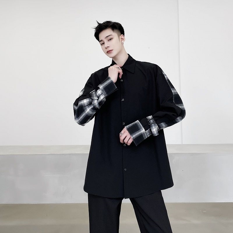 

New 2021 Men's Stitching Design Loose Long Sleeve Hawaiian Shirt Camisa Social Masculina Streetwear French Cuff Mens Fashion Shirts Pgtr, Black