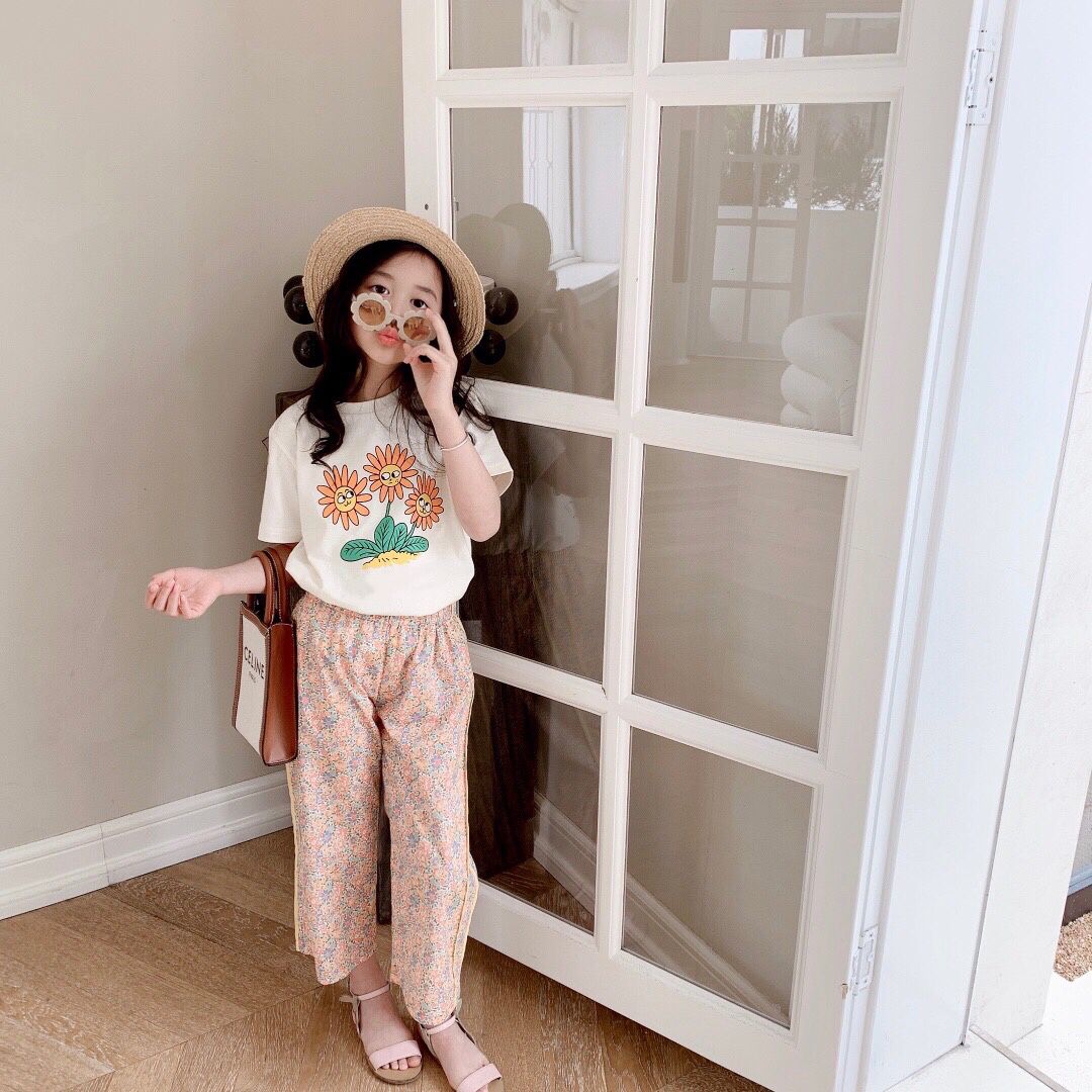 

Summer Kids Toddler girl Clothing Set flowers t-Shirt+Pant Short Sleeve Cotton Girls Clothes 2-12 years, As show