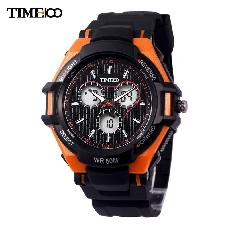 

Wristwatches Time100 Outdoor Sport Watch For Men Dual Time Climbing Rubber Strap Three Eyes Boy Youth Digital Quartz Led Wrist Clock, Orange