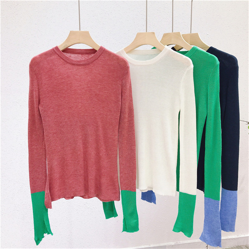 

2021 New Spring product niche round neck contrast color split long-sleeved knitted bottoming shirt Slim thin sweater LP0C, Red bean paste pink