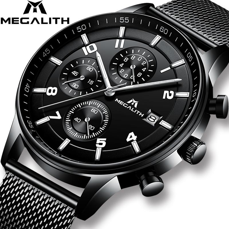 

Wristwatches MEGALITH Fashion Luxury Wrist Watch Mens Waterproof Blue Steel Mesh Male Sport Business Quartz Watches Clock Reloj Hombre, Black mesh