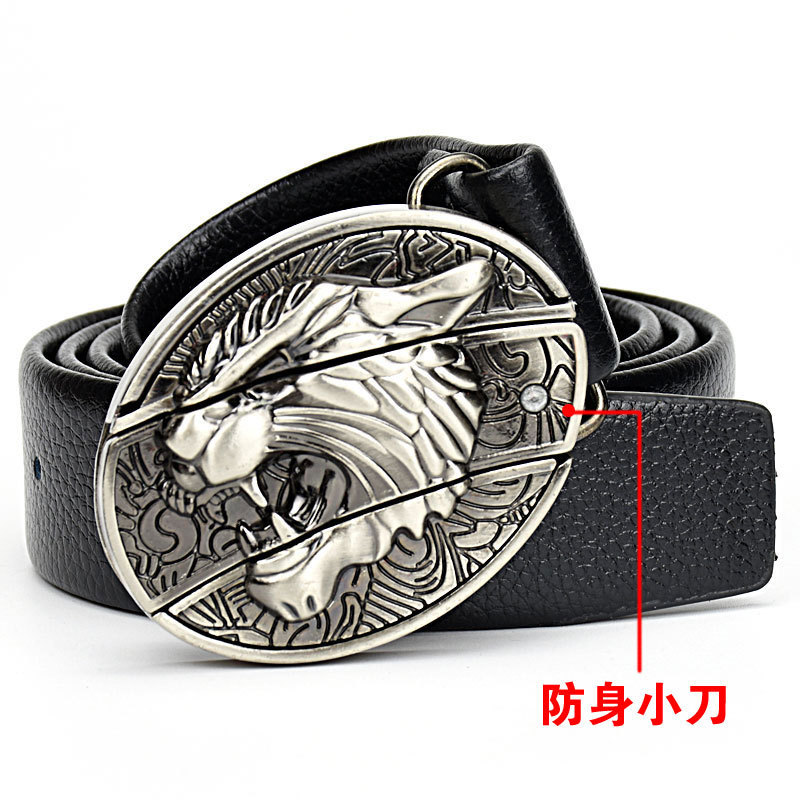 

Men's Leather Personalized Smooth Buckle Defensive Belt Knife Fashion Punk Button, Black;brown