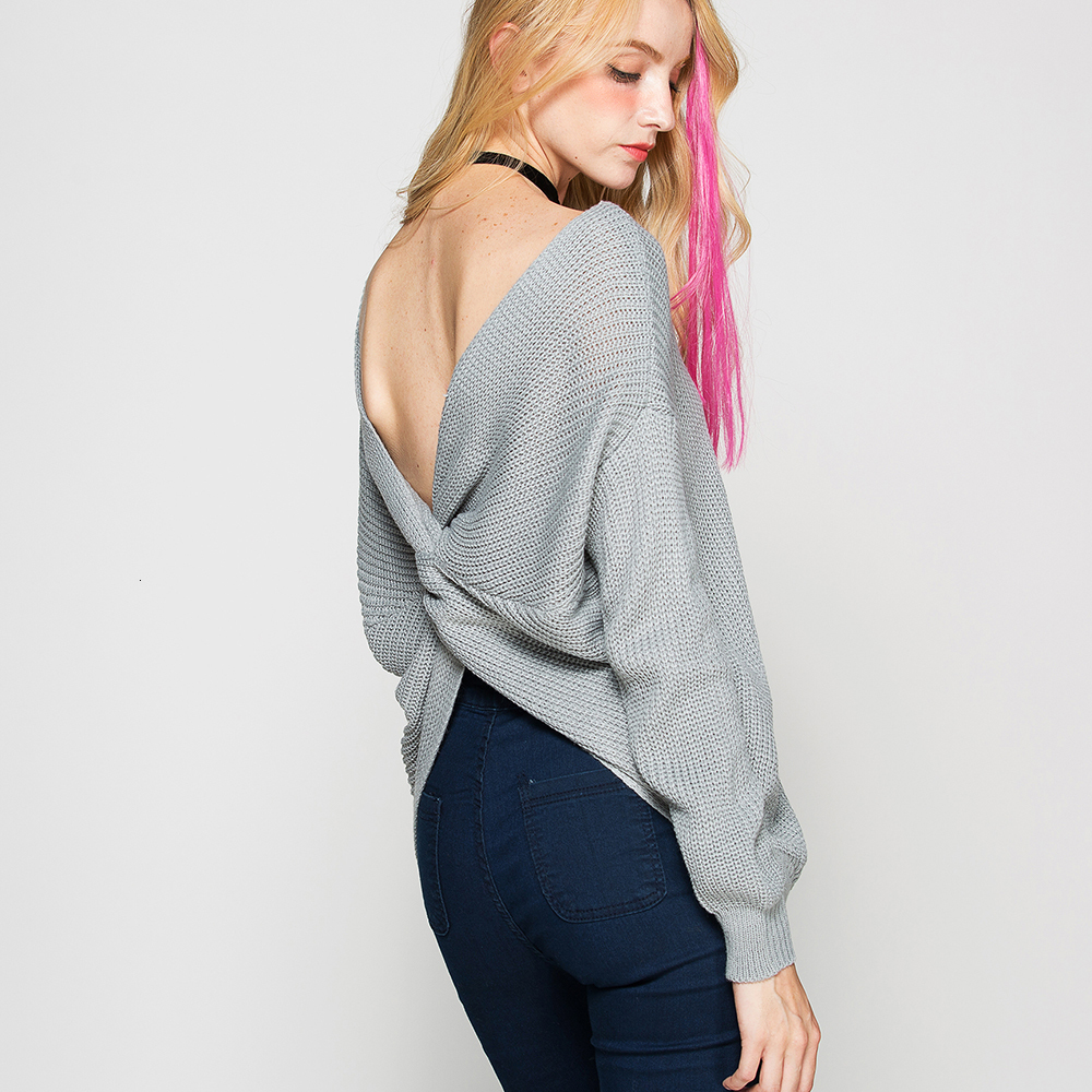 

2021 New Autumn v Neck Twisted Back Fashion Knitted Pull Sweater Casual Pullover Tops Femme Jumpers 7 Colors Bf8h, Black