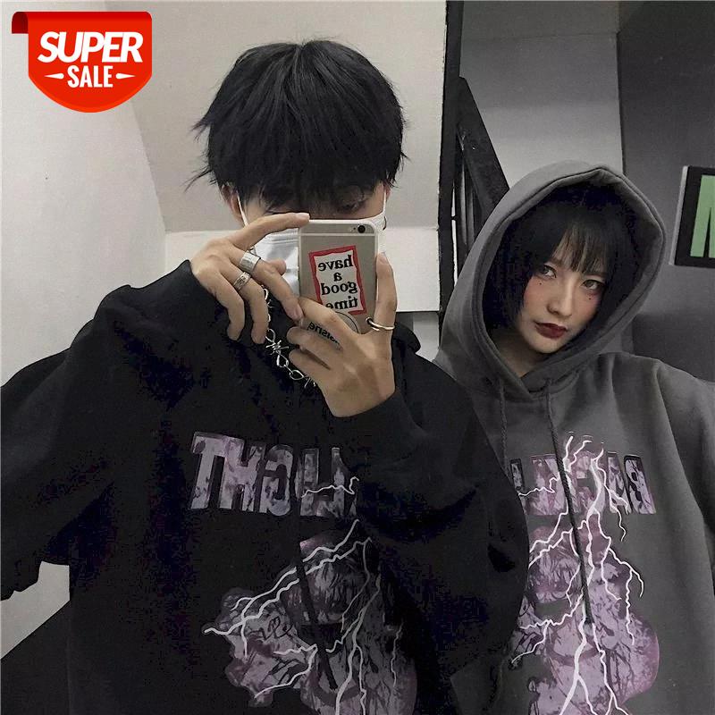 

sweatshirt Autumn and winter Korean version of ins dark retro letters loose hooded jacket plus velvet thickening couple sweater #JM1I, Black