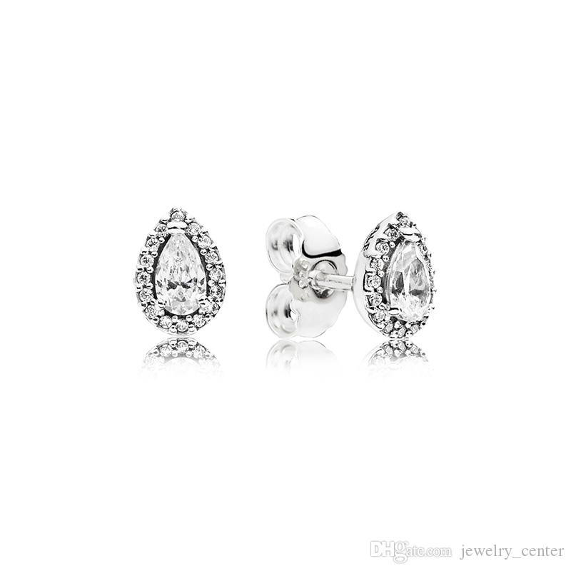 

Tear drop CZ Diamond Stud EARRING Original Box for Pandora 925 Sterling Silver Earrings Set for Women Wedding Gift Jewelry, Golden;silver