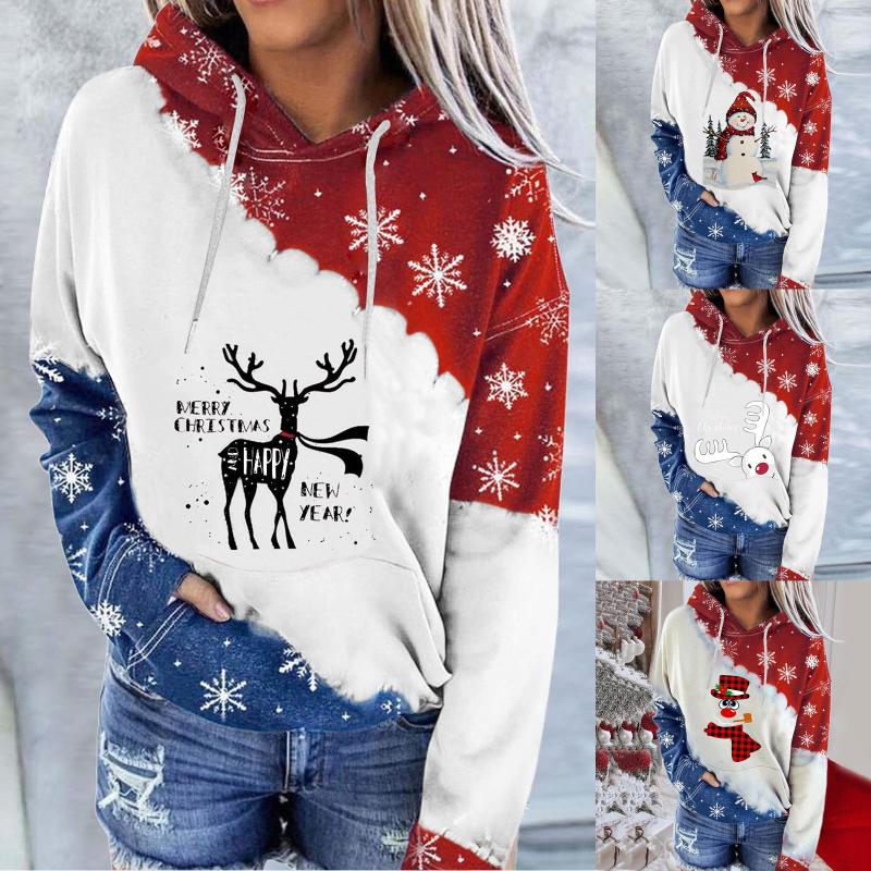 

Women' Hoodies & Sweatshirts Christmas Style Pocket Women Tops Pullover Cartoon Patchwork For Lady Casual Autumn, Red