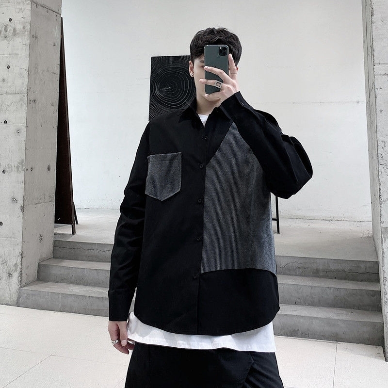 

2021 New Hawaiian Casual Fashion Long French Sleeve Male Social Shirt Streetwear Clothes M7wu, Black