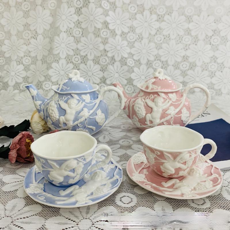 

Cups & Saucers European Style Coffee Cup Saucer Luxurious Embossed Lovely Ceramic Afternoon Tea Teapot Simple High-end Set