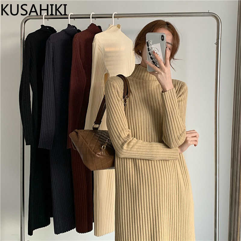 

KUSAHIKI Korean Stand Neck Women Sweater Dress Long Sleeve Causal Straight Dresses Sprign Knitted Vestidos Femme 6E787 210602, Khaki