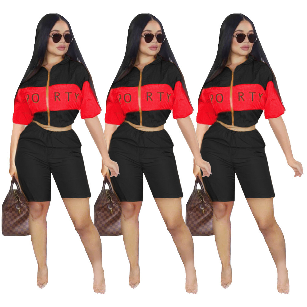 

2021 New Summer Sleeve Sporty Letter Print Splicing Zipper Up Trench Half Length Casual Pants Suit 2pcs Set Tracksuit Ukhw, As shown1