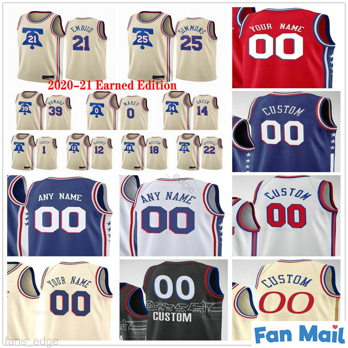 

Custom Printed 2020-21 Earned Edition Philadelphia Joel 21 Embiid 76ers Ben 25 Simmons Tobias Harris Seth Curry Men Women Kids Youth Jerseys, Black;red