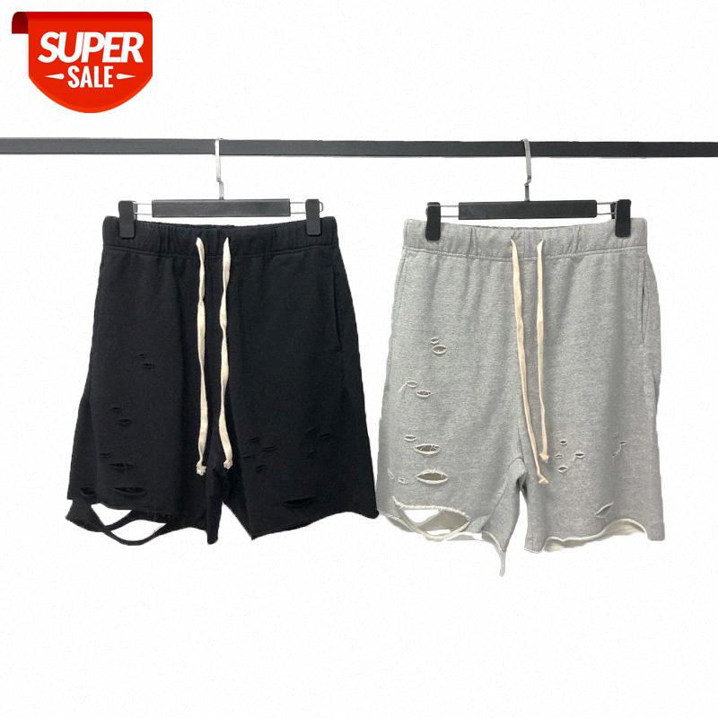 

KANYE ripped shorts male hip-hop solid color guard pants hand-cut beggar style five-point #uJ5O, Black
