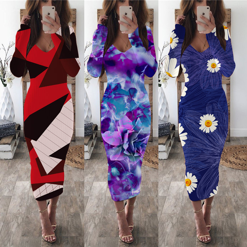 

2021 New Autumn Print Bodycon Women Sexy v Neck Long Sleeve Color Matching Casual Elegant Ny Party Midi Es Vestidos Qrde, E003