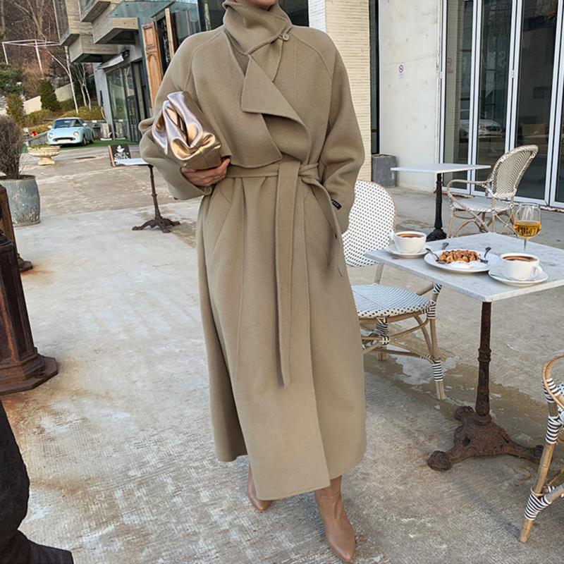 

2021 Women Winter Loose Cotton Pad Long Wool Coat Jacket with Waistbelt Slim Waist A-line Woolen Overcoat Cardigan Outwear, Black
