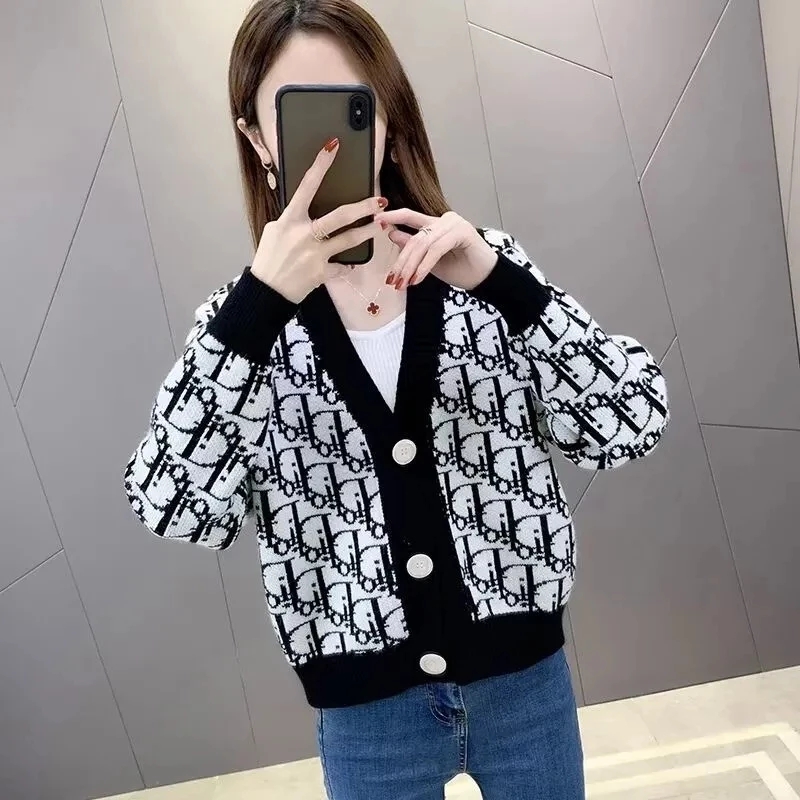 

Spring Autumn Female Short Sweater Women's Loose Outerwear Letter Jacquard Knitted Cardigan, Blue