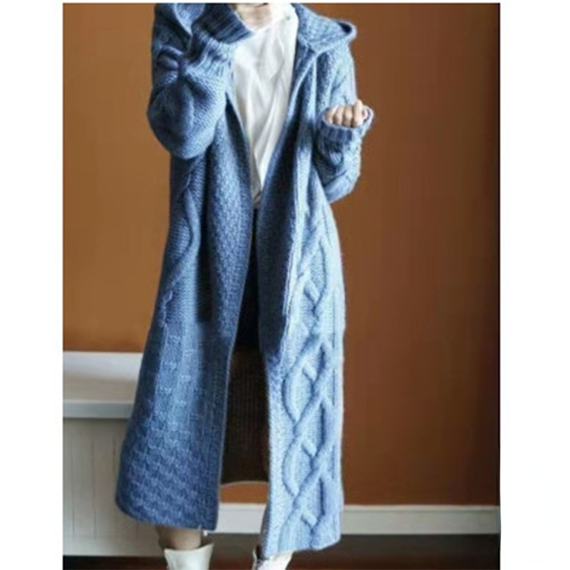 

2021 European Station Autumn and Winter Women's Hooded Thick Knitted Cardigan Long Coat Sweater Coat Big, White;black