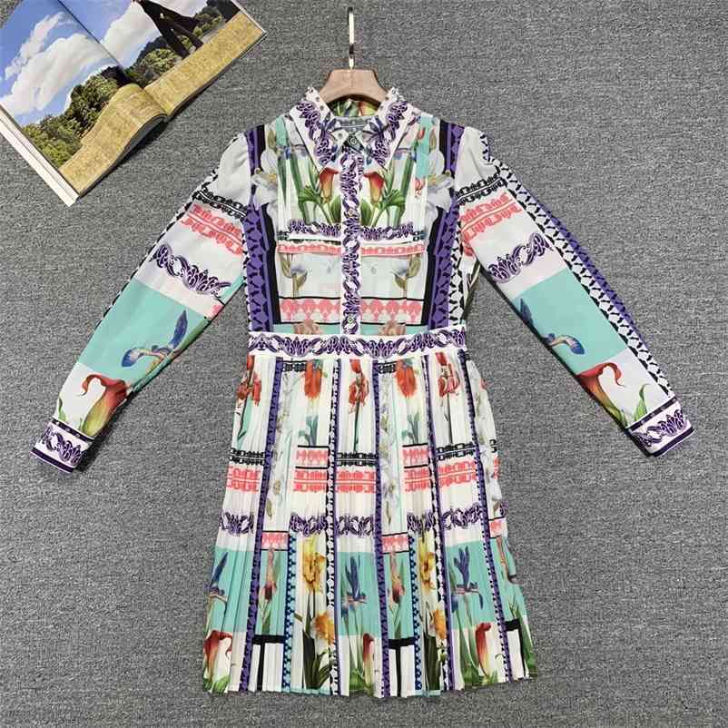 

Truevoker Spring Runway Vintage Print Holiday Dres Peter Pan Collar Pleated Vestido Lady High Street Boutique Draped Robe 210602, Multi