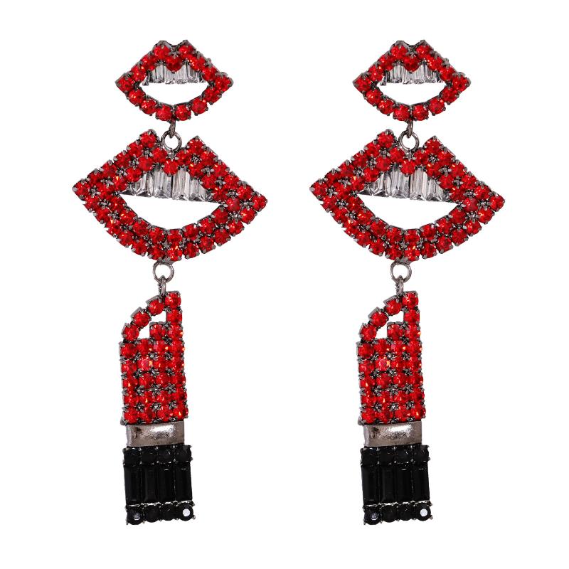 

Stud 2021 Exaggerated Big Brand Rhinestone Red Lipstick Earrings Fashion Accessories For Women