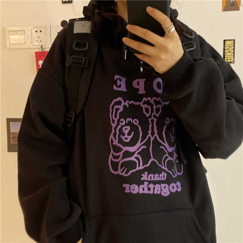 

Winter Korean Ulzzang tops female casual punk plus size fashion streetwear hooded gothic cartoon loose hip-hop sweatshirt 210608, Hei01