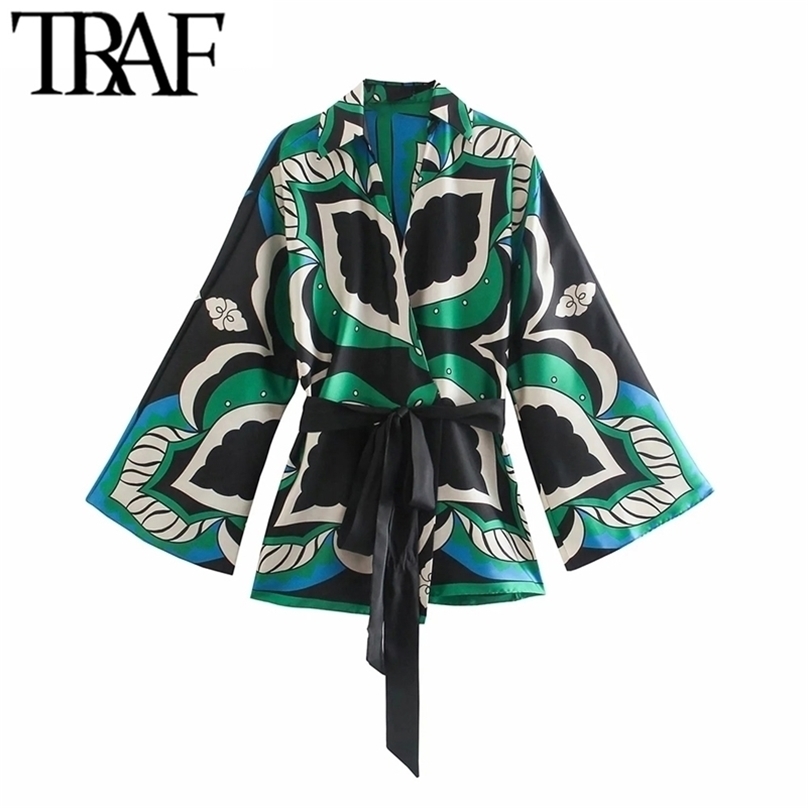 

TRAF Women Fashion With Belt Printed Wrap Kimono Blouses Vintage Three Quarter Sleeve Female Shirts Chic Tops 220308, As picture