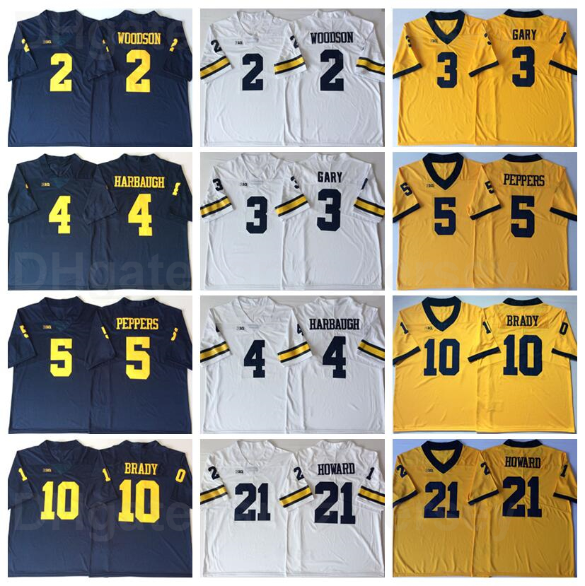 

NCAA Football College 2 Charles Woodson Michigan Wolverines Jersey 4 Jim Harbaugh 5 Jabrill Peppers 10 Tom Brady 3 Rashan Gary 21 Desmond Howard University Yellow, 2 white