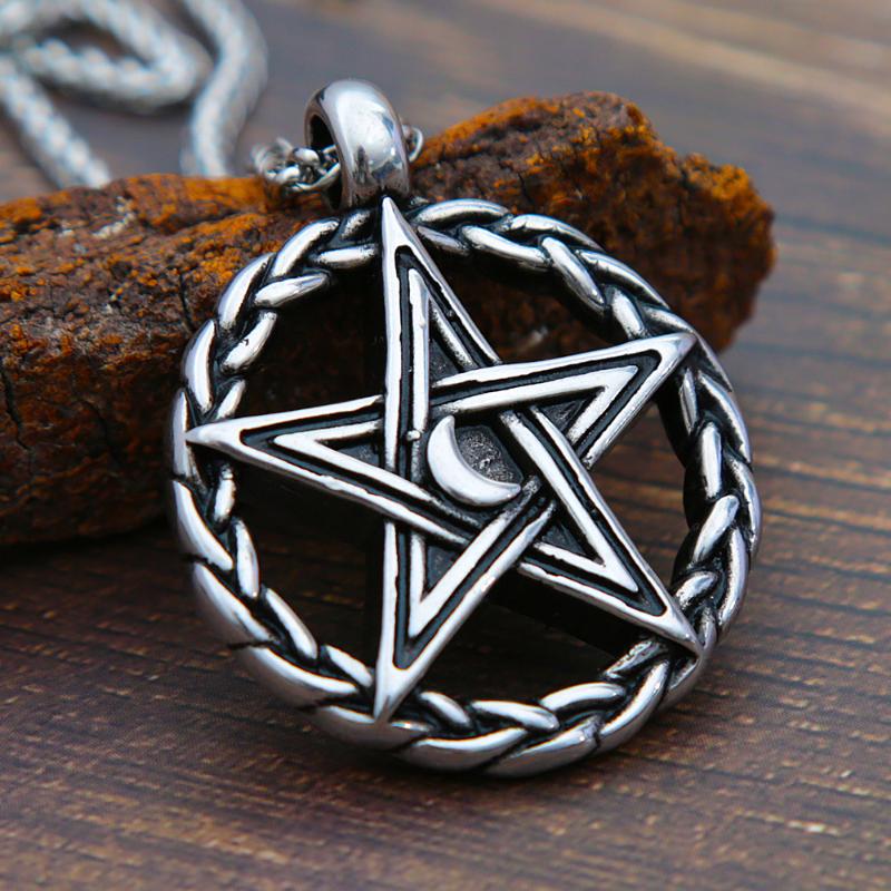 

Pendant Necklaces Double Sided Vintage Stainless Steel Pentagram Satan Necklace Men Woven Round Crescent Star Jewelry