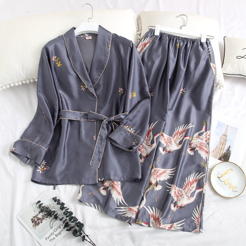 

a Chinese Female Printing 2pcs Pajamas Long End Belt Sleeve Clothing Wide-legged Nightwear Pants at Ntf6, Gray