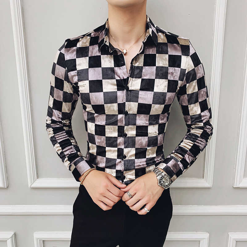 

Black And White Plaid Men Shirt Long Sleeve Slim Fit Casua Shirts Velour Men Dress Business Social Shirts Chemise Homme 210527