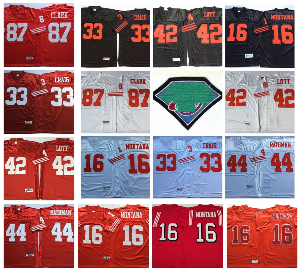 

Vintage 16 Joe Montana 33 Roger Craig Football Jerseys 44 Tom Rathman 87 Dwight Clark 42 Ronnie Lott Stitched Shirts Mens Jersey 1994 75th Anniversary Patch, Red44