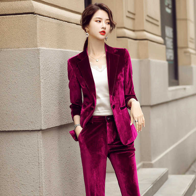 

Two-piece high-quality women' professional suit pants autumn and winter elegant gold velvet ladies jacket Casual trousers 210527